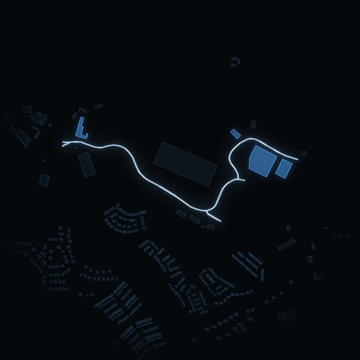 The street at night: Tuna gårdsväg drawn in white, its buildings lit in the colour of their area’s income
