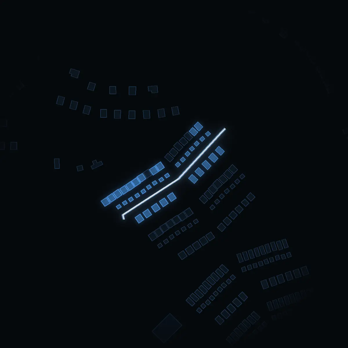 The street at night: Vallvägen drawn in white, its buildings lit in the colour of their area’s income