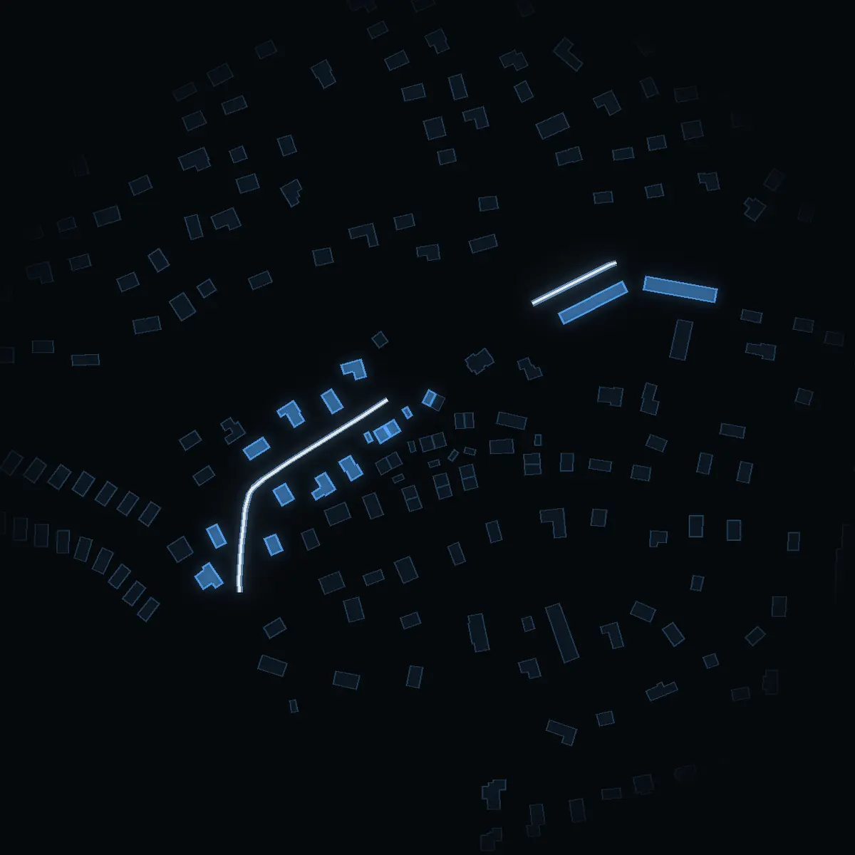 The street at night: Vårbäcksvägen drawn in white, its buildings lit in the colour of their area’s income