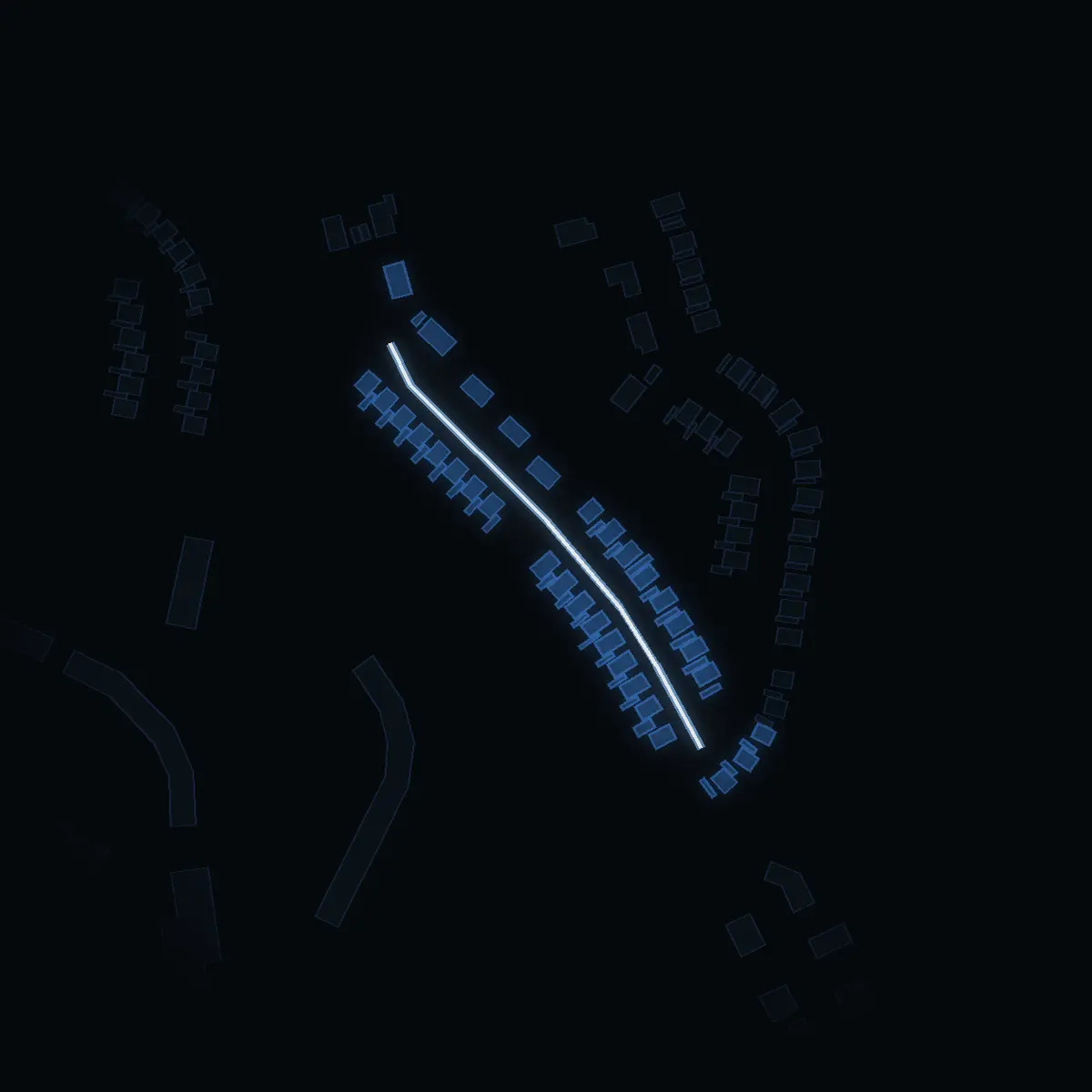 The street at night: Vedstigen drawn in white, its buildings lit in the colour of their area’s income