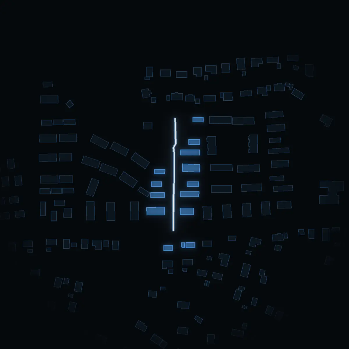 The street at night: Vreta Backe drawn in white, its buildings lit in the colour of their area’s income