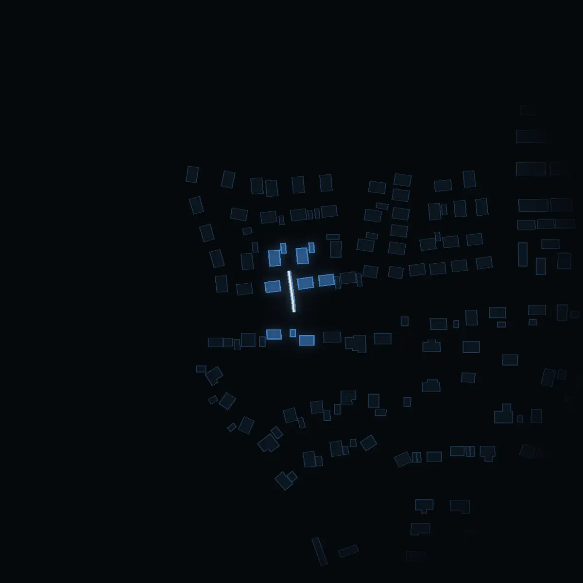 The street at night: Vreta gårds väg drawn in white, its buildings lit in the colour of their area’s income