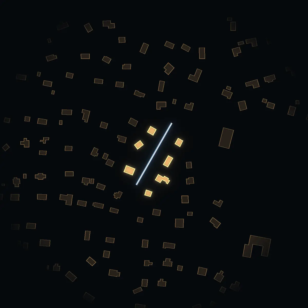 The street at night: Affärsstigen drawn in white, its buildings lit in the colour of their area’s income
