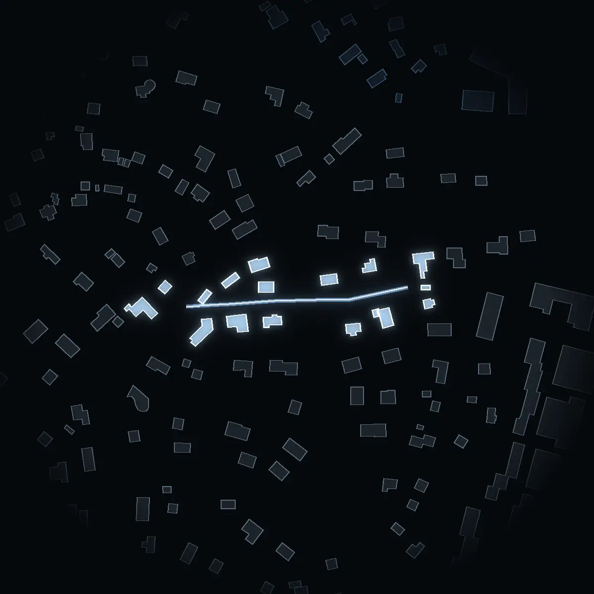 The street at night: Åkervägen drawn in white, its buildings lit in the colour of their area’s income