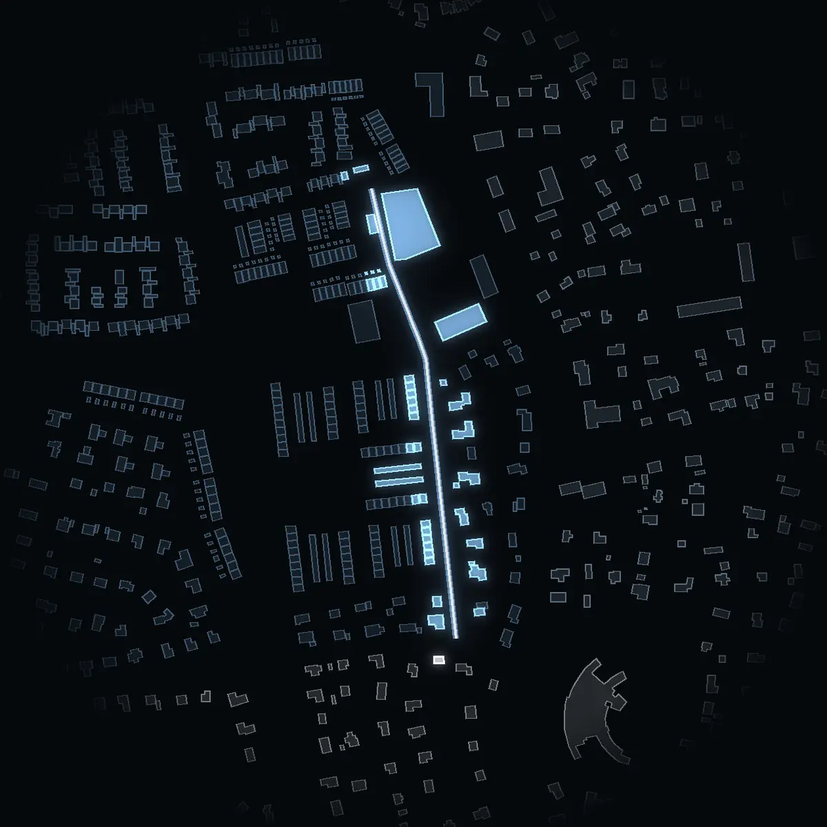 The street at night: Alvägen drawn in white, its buildings lit in the colour of their area’s income