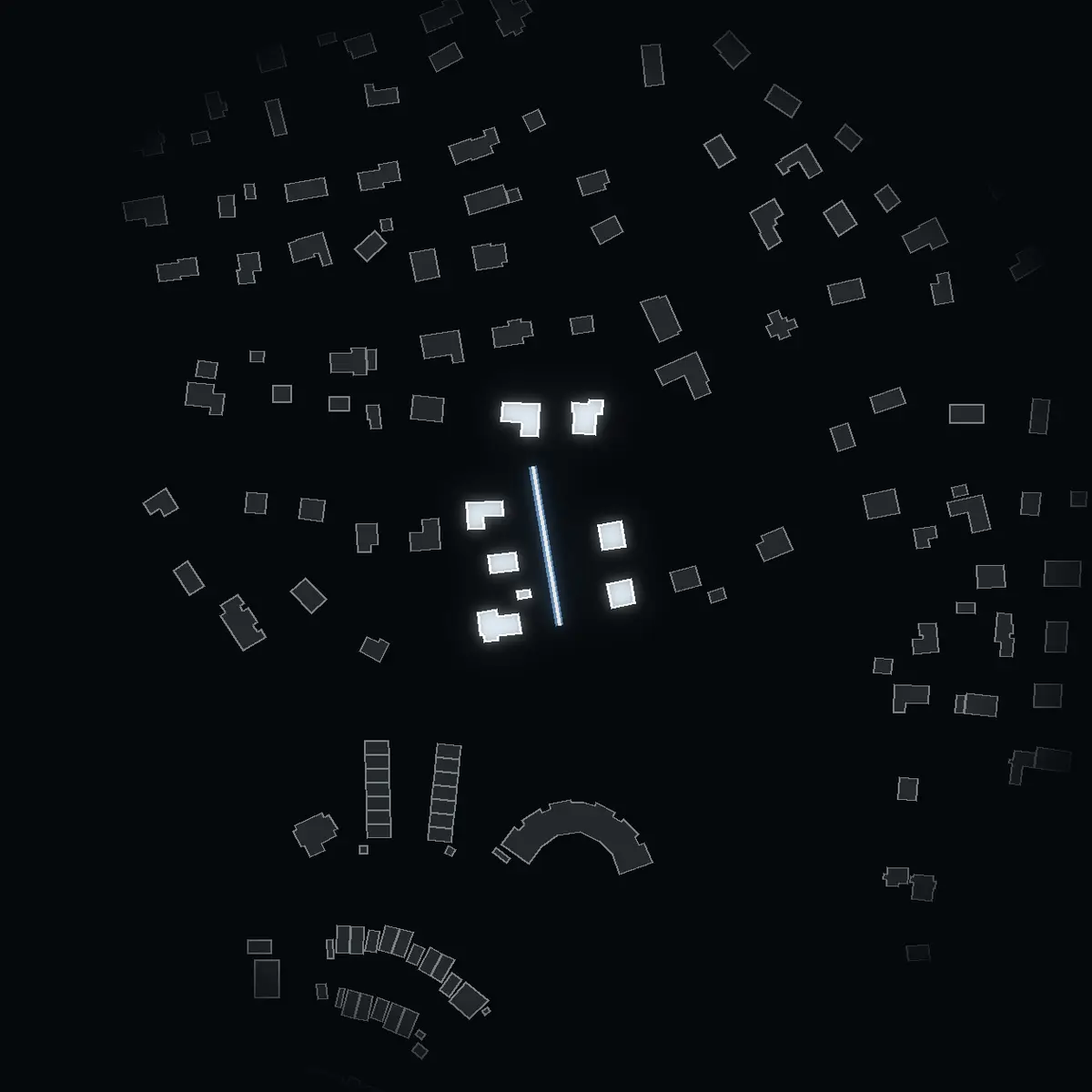 The street at night: Annebergsvägen drawn in white, its buildings lit in the colour of their area’s income