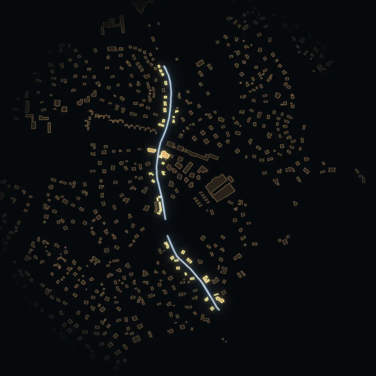 The street at night: Auravägen drawn in white, its buildings lit in the colour of their area’s income