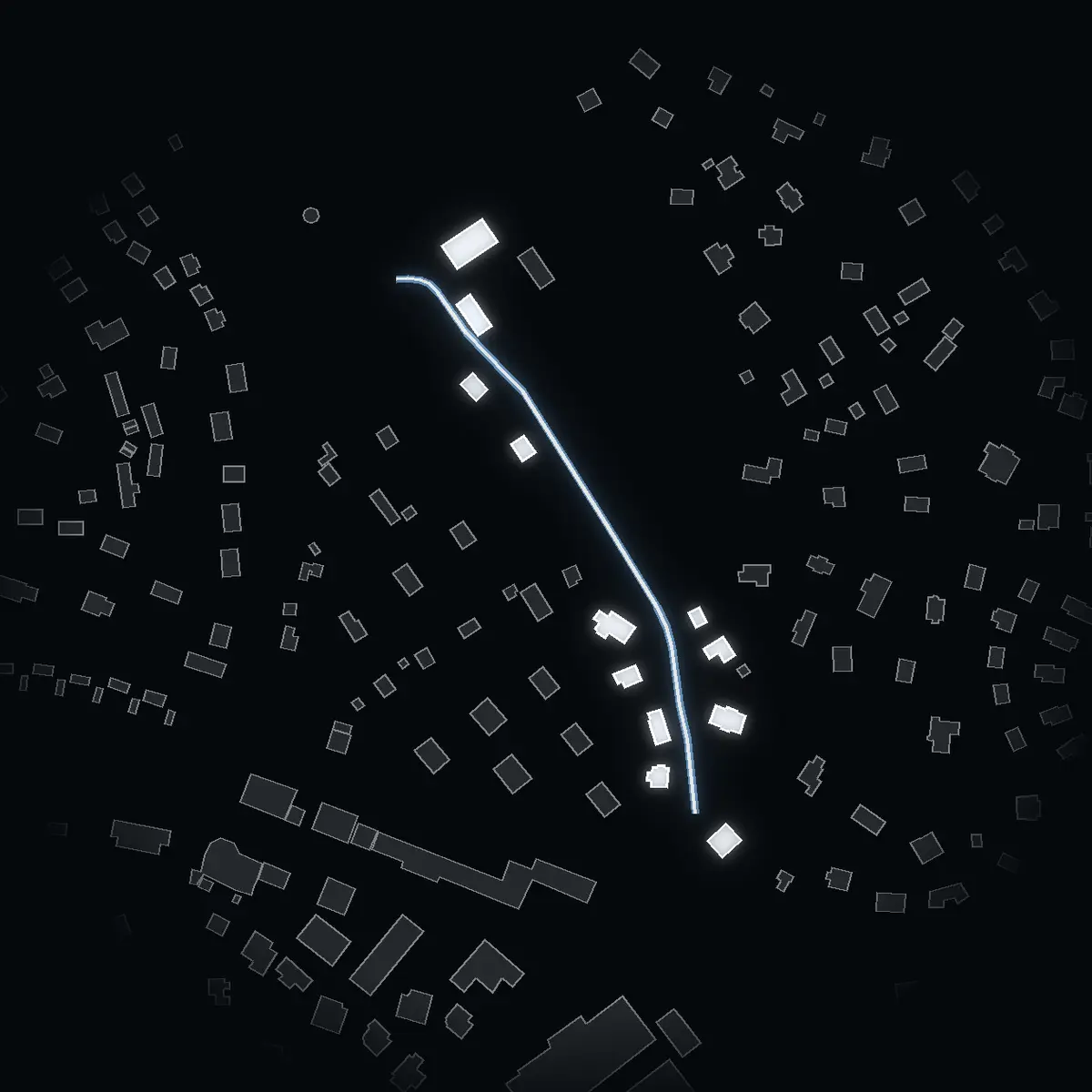 The street at night: Banérvägen drawn in white, its buildings lit in the colour of their area’s income