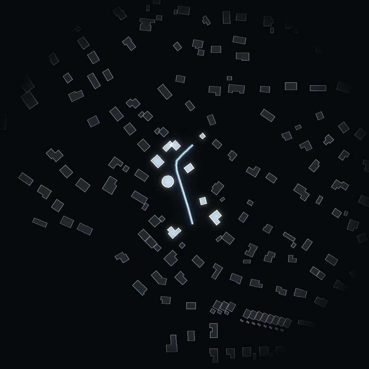 The street at night: Barrstigen drawn in white, its buildings lit in the colour of their area’s income