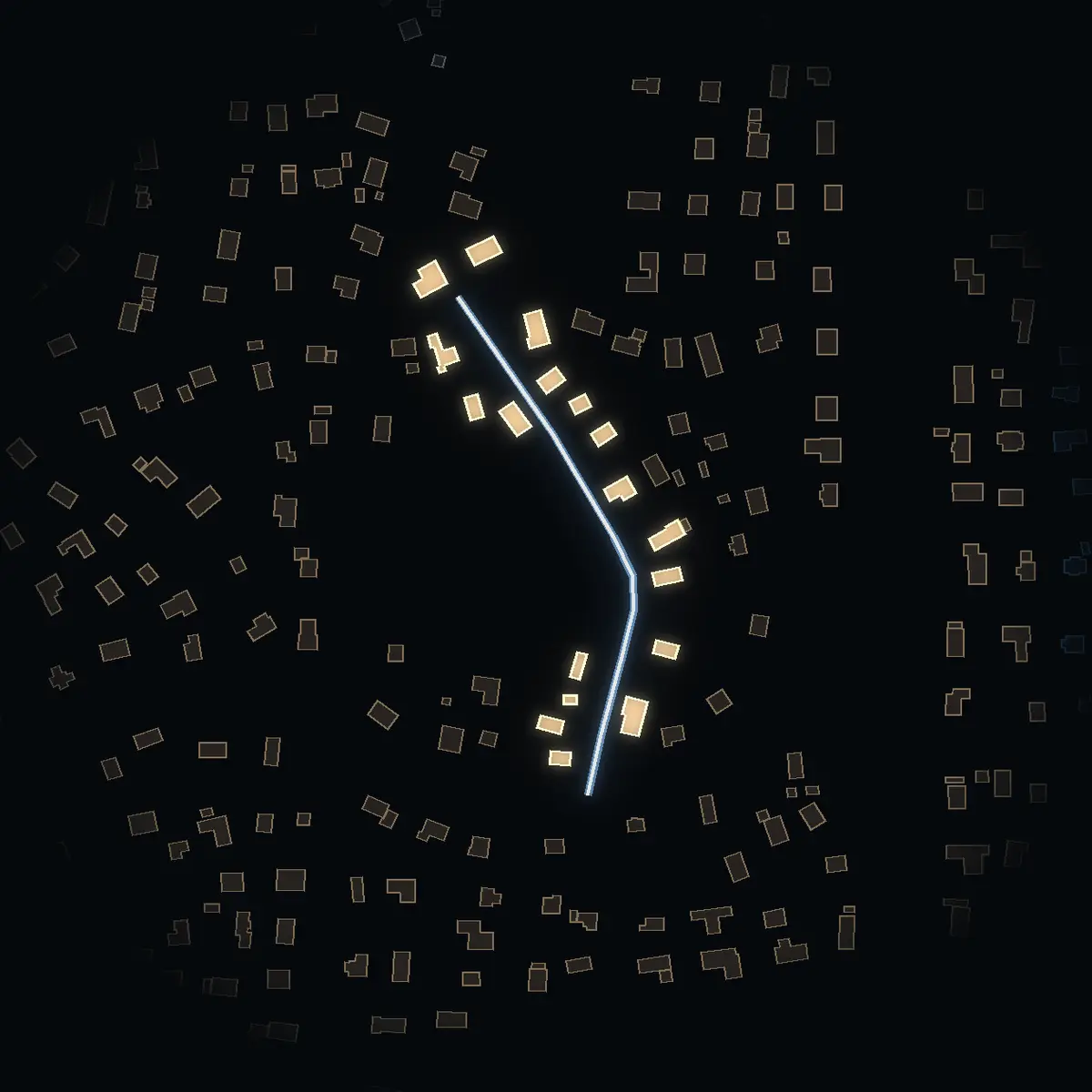 The street at night: Bergvägen drawn in white, its buildings lit in the colour of their area’s income