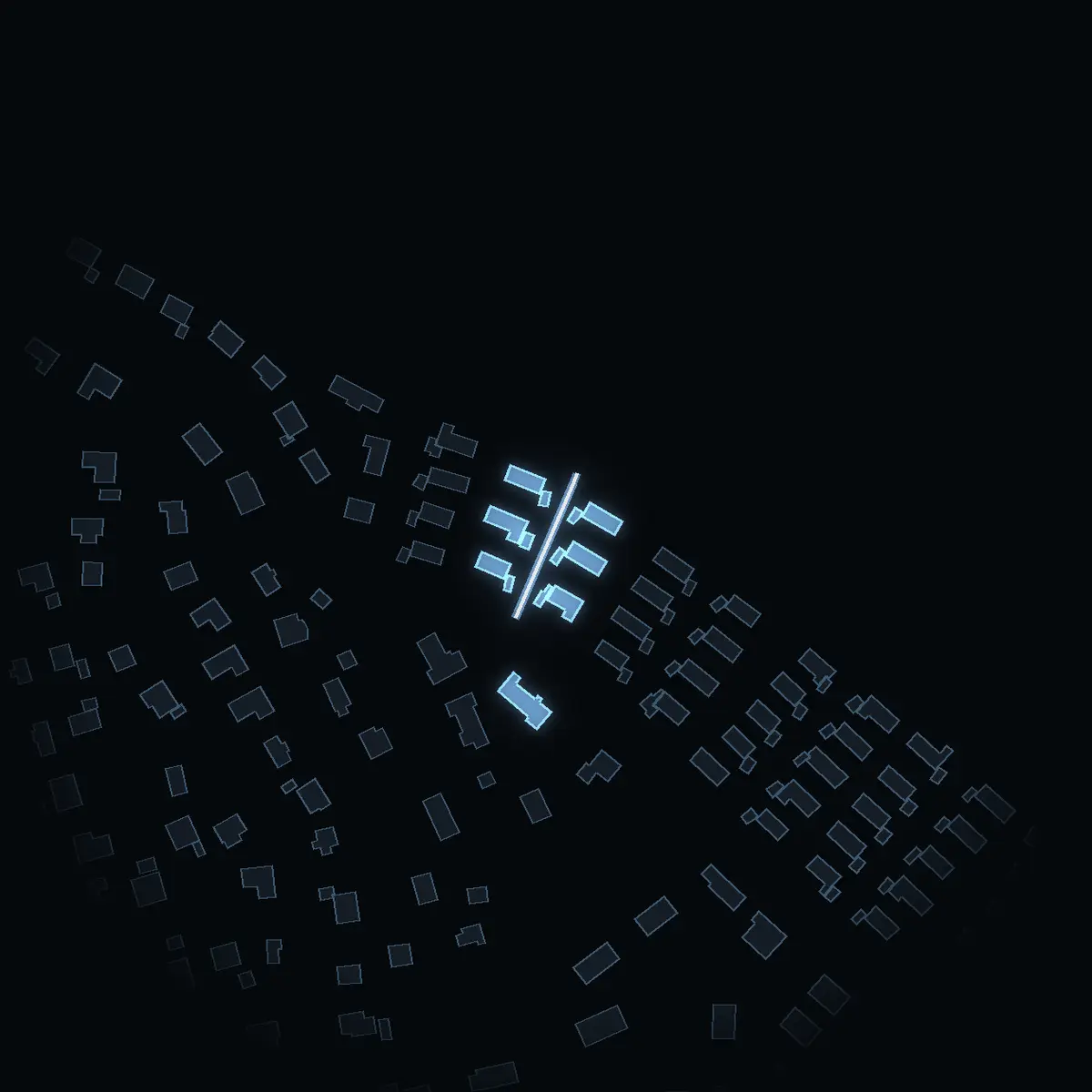 The street at night: Bladvägen drawn in white, its buildings lit in the colour of their area’s income