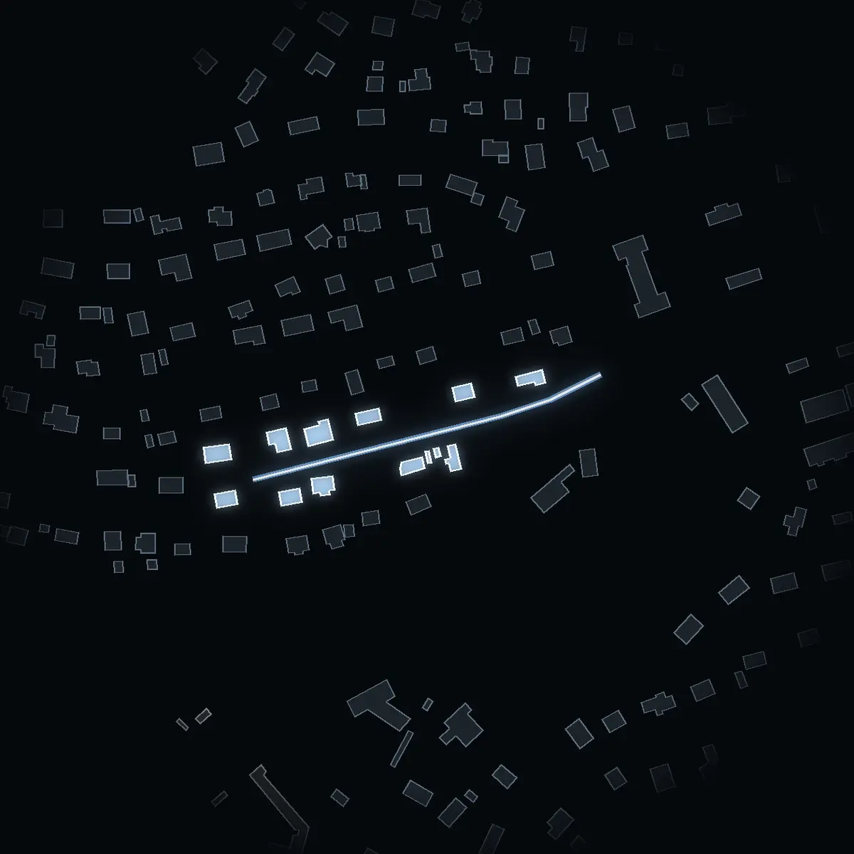 The street at night: Blanchevägen drawn in white, its buildings lit in the colour of their area’s income