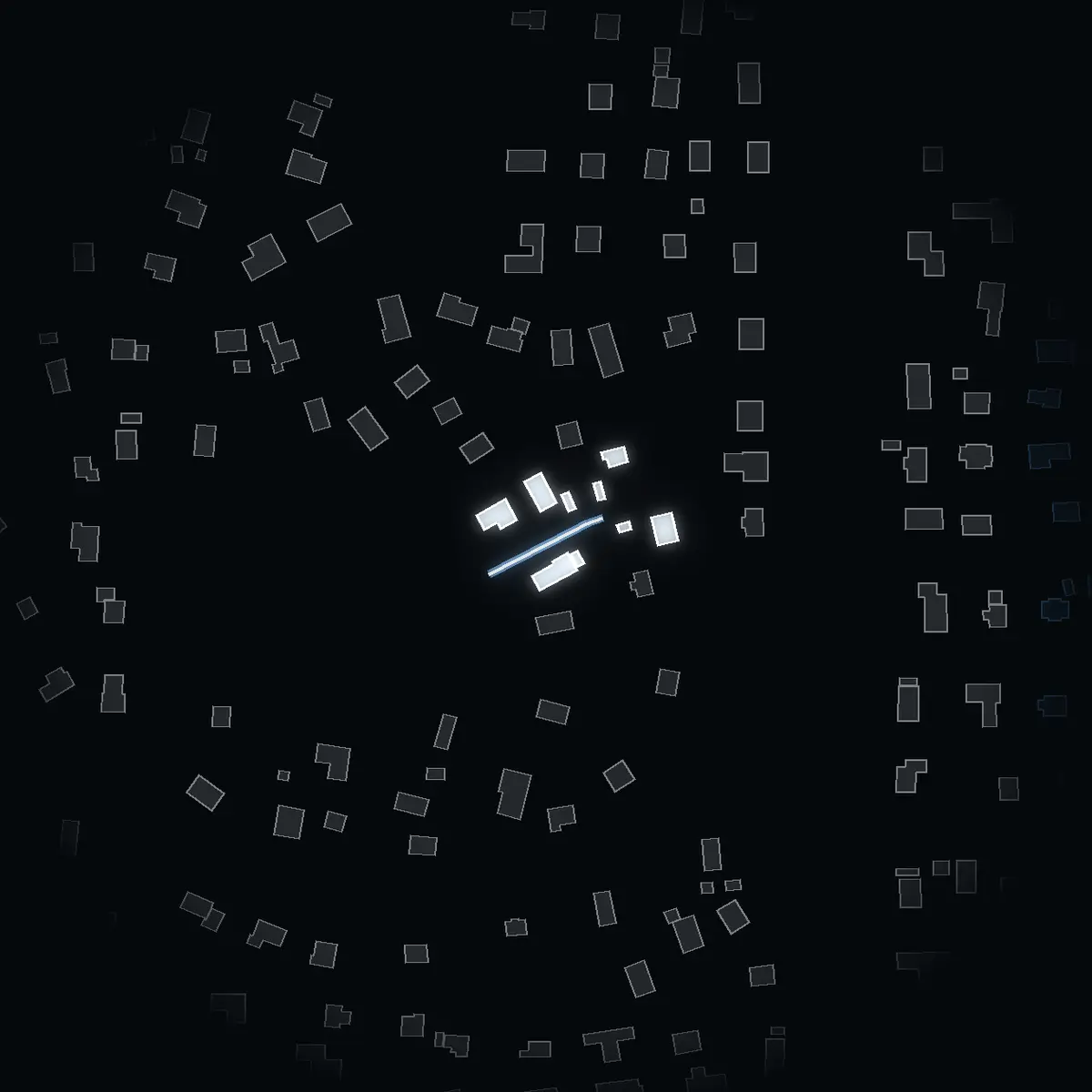 The street at night: Blockstigen drawn in white, its buildings lit in the colour of their area’s income