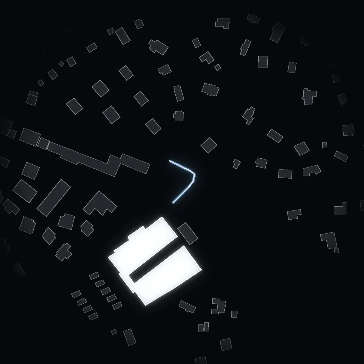 The street at night: Djursholms torg drawn in white, its buildings lit in the colour of their area’s income