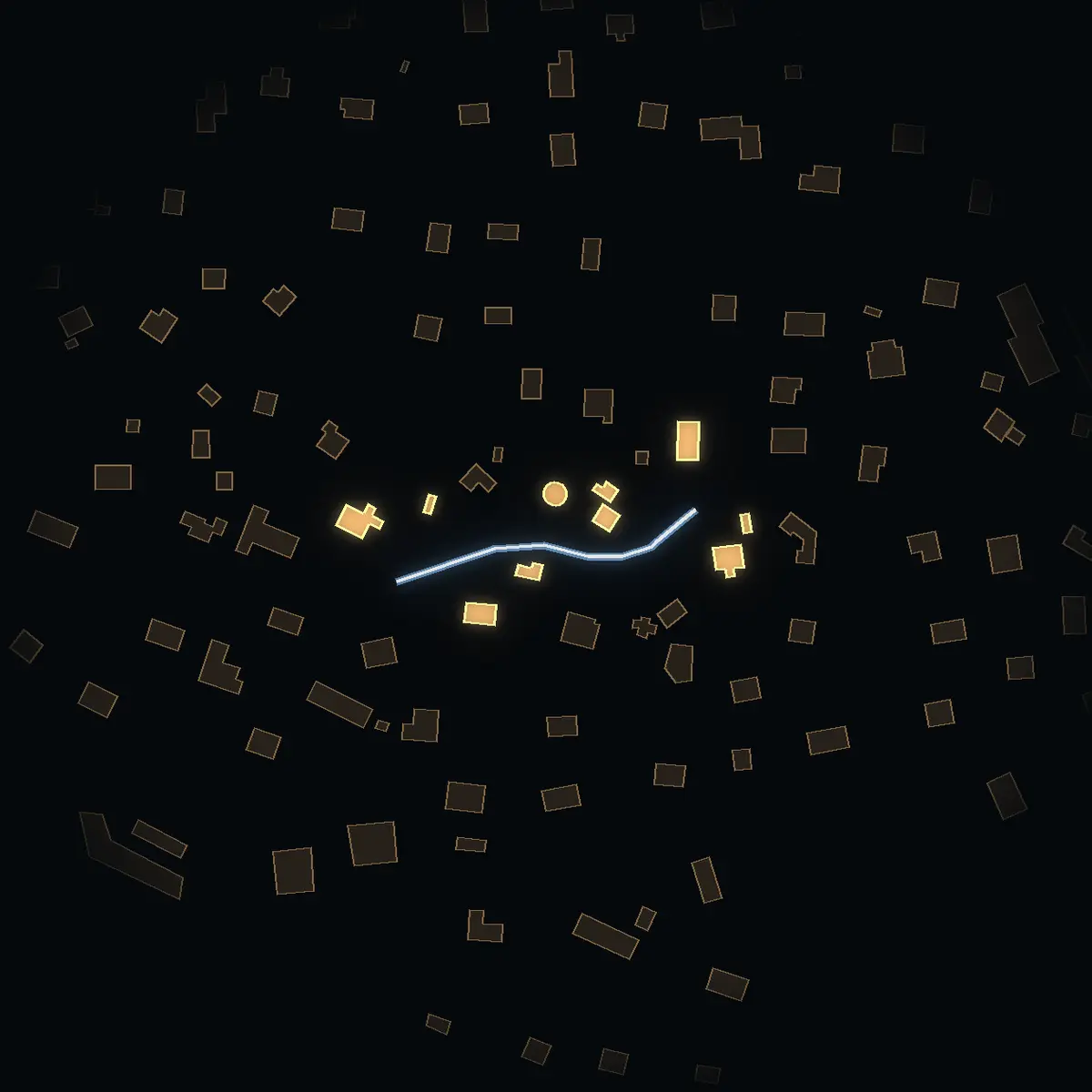 The street at night: Donnerstigen drawn in white, its buildings lit in the colour of their area’s income