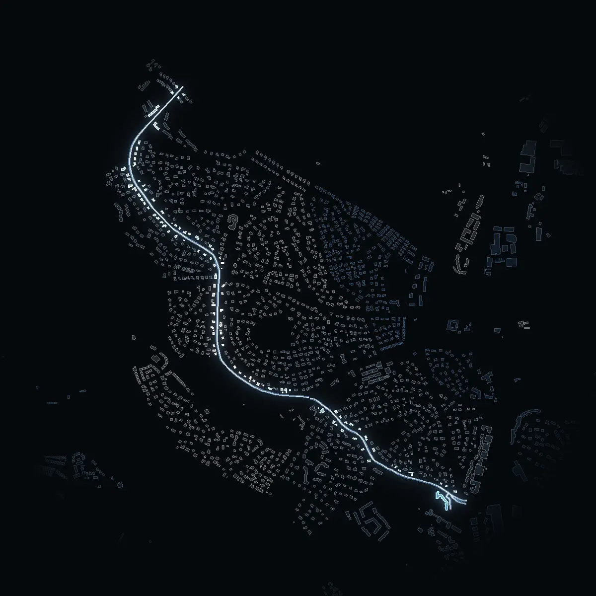 The street at night: Edsviksvägen drawn in white, its buildings lit in the colour of their area’s income