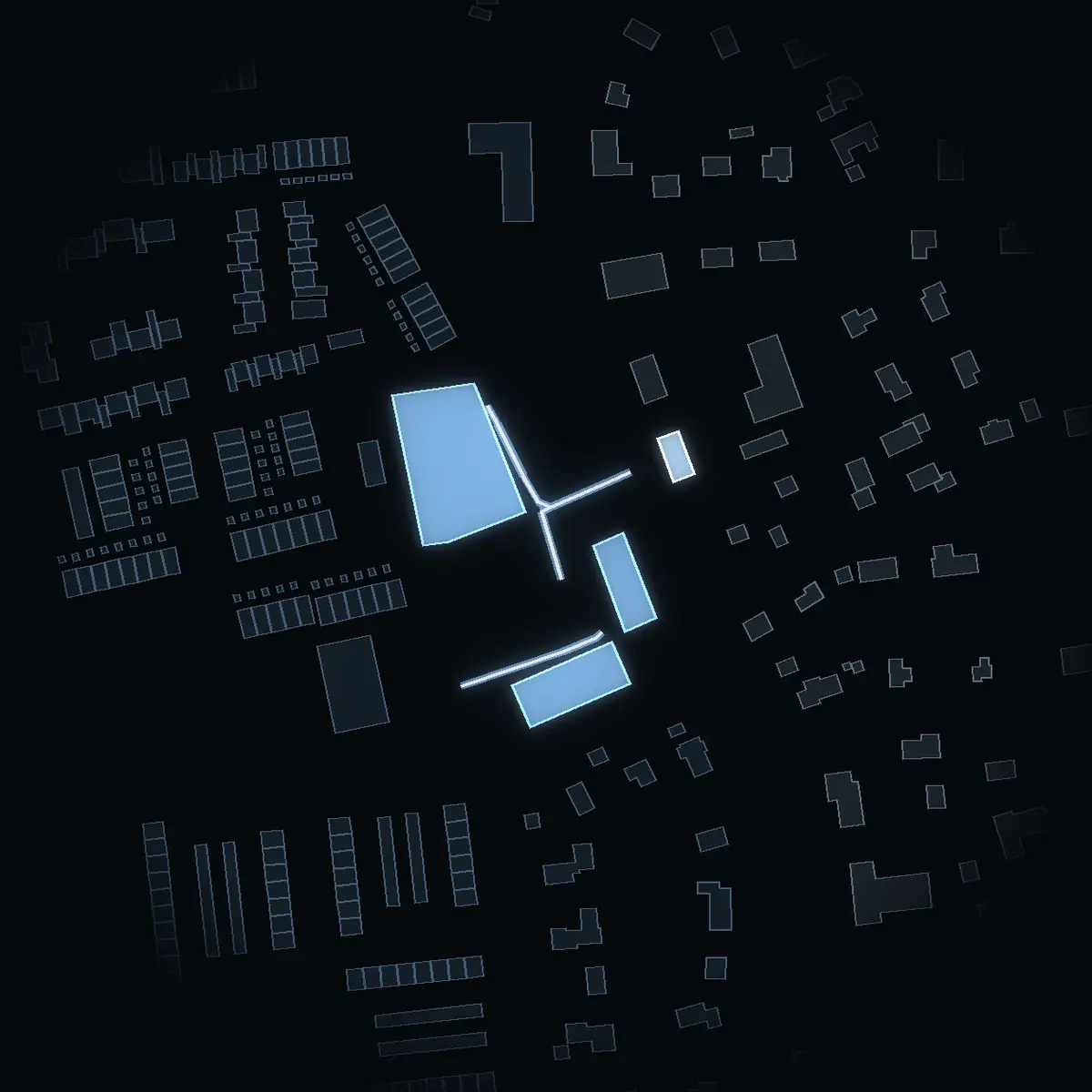 The street at night: Enebytorg drawn in white, its buildings lit in the colour of their area’s income