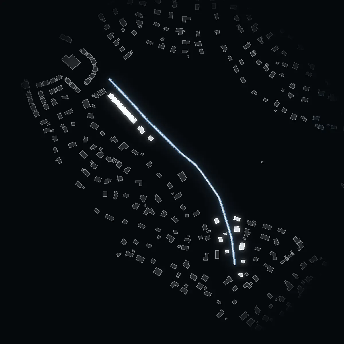 The street at night: Fågelvägen drawn in white, its buildings lit in the colour of their area’s income