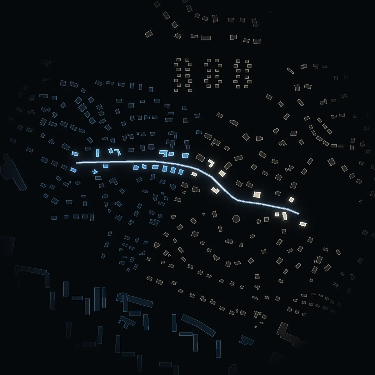 The street at night: Falks väg drawn in white, its buildings lit in the colour of their area’s income