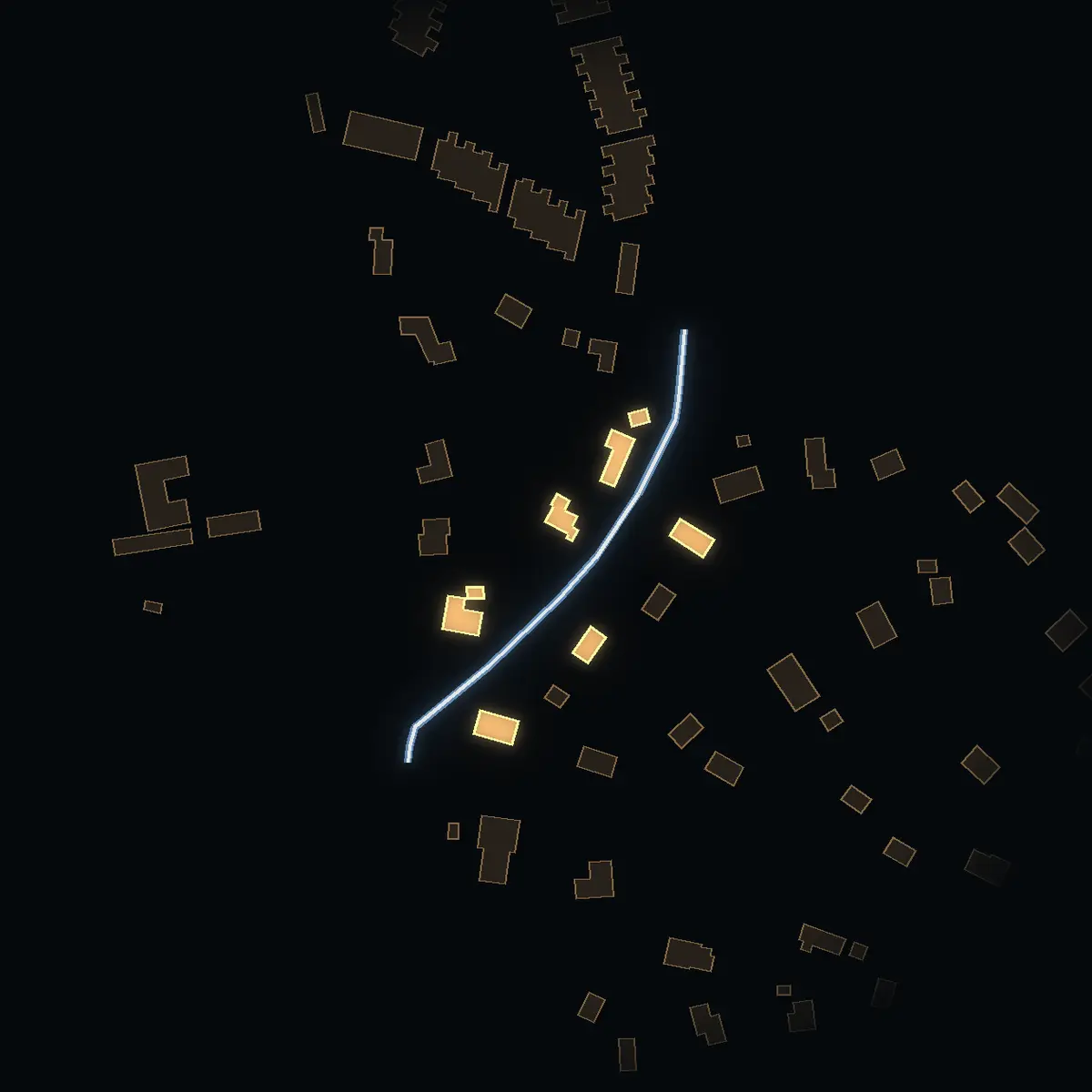 The street at night: Fimbulvägen drawn in white, its buildings lit in the colour of their area’s income
