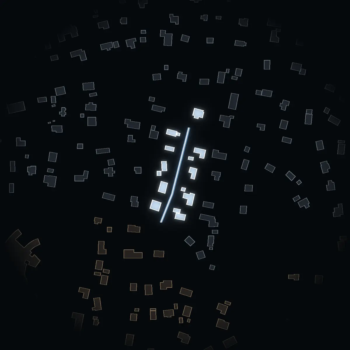 The street at night: Fornvägen drawn in white, its buildings lit in the colour of their area’s income