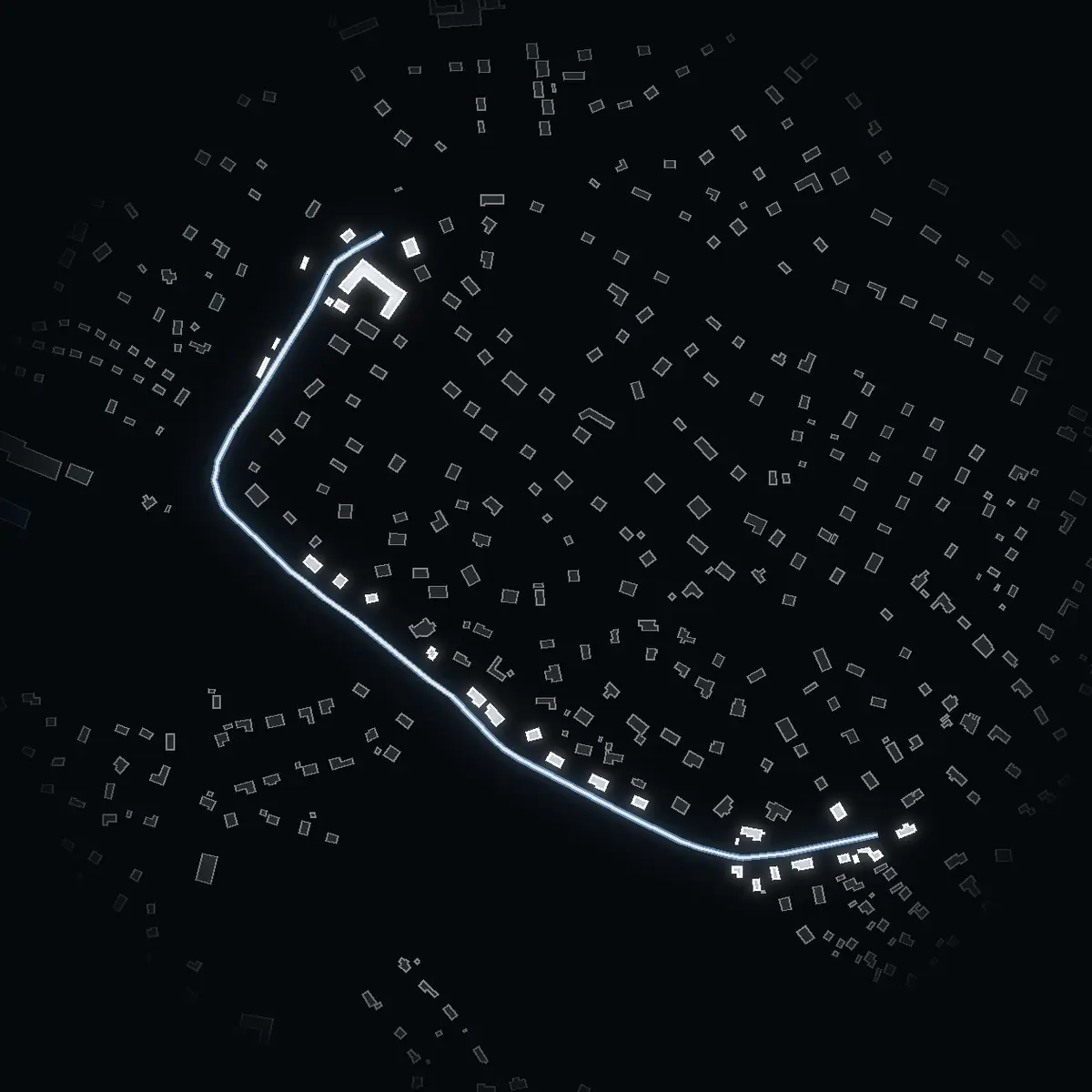 The street at night: Frejavägen drawn in white, its buildings lit in the colour of their area’s income