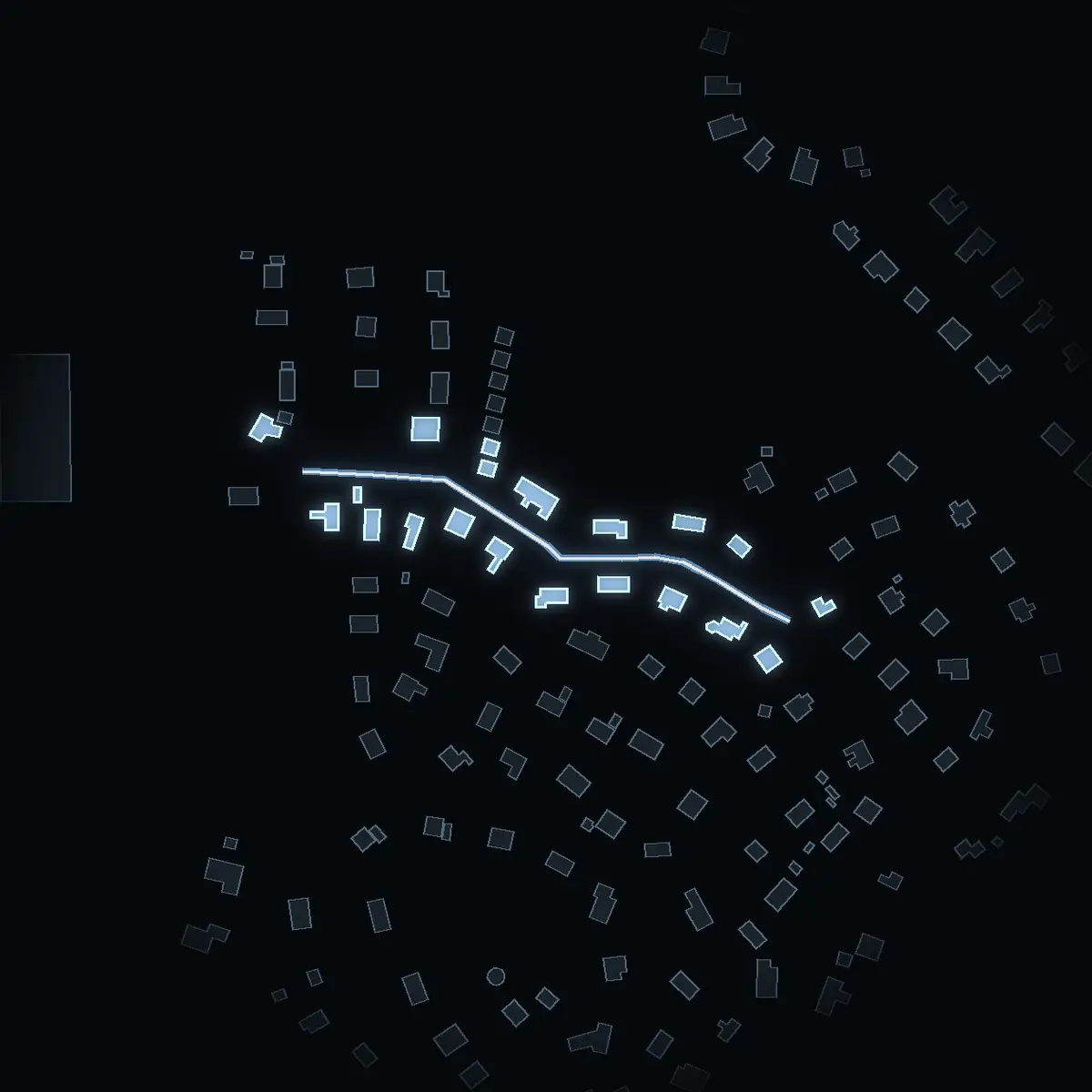 The street at night: Frodevägen drawn in white, its buildings lit in the colour of their area’s income