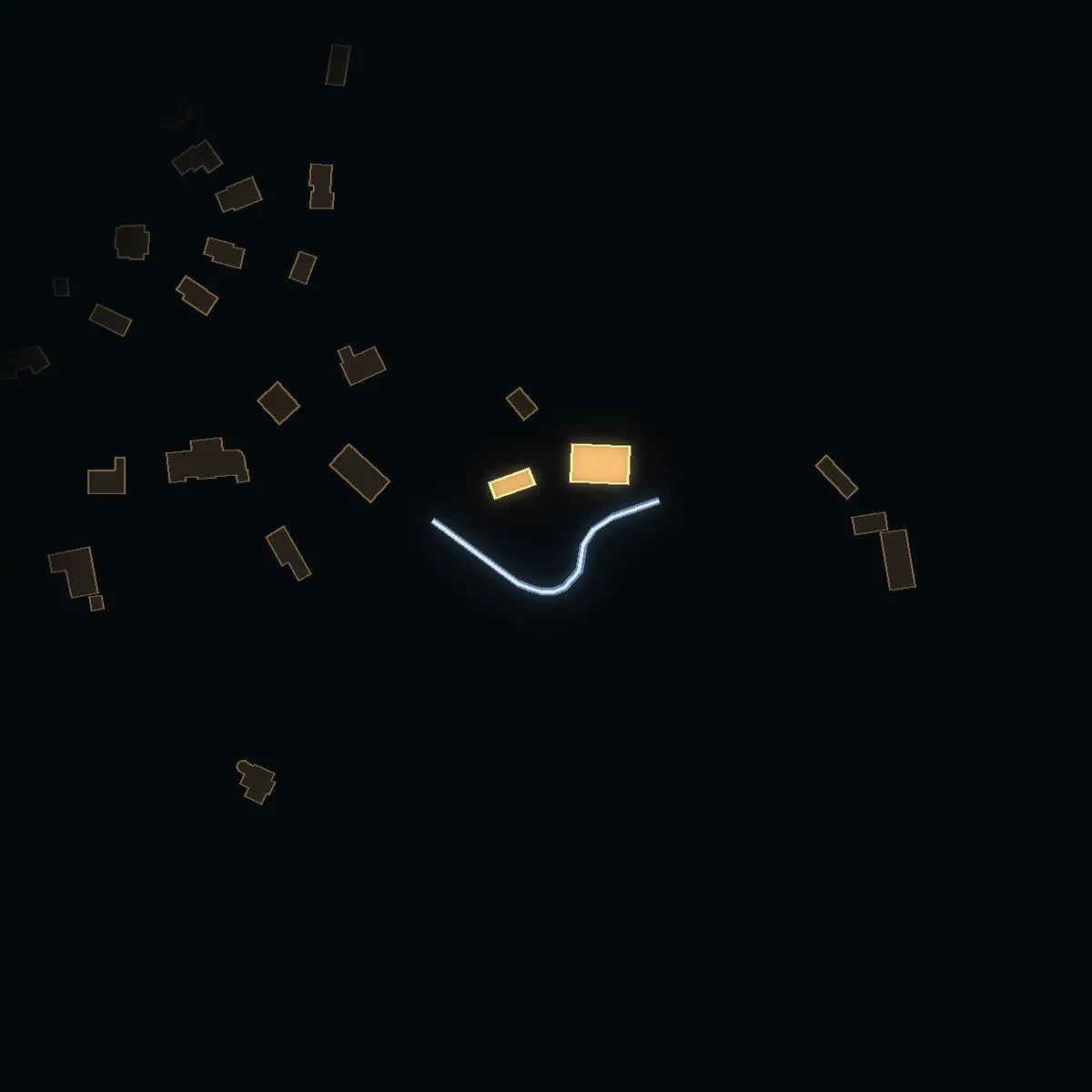 The street at night: Fyrstigen drawn in white, its buildings lit in the colour of their area’s income