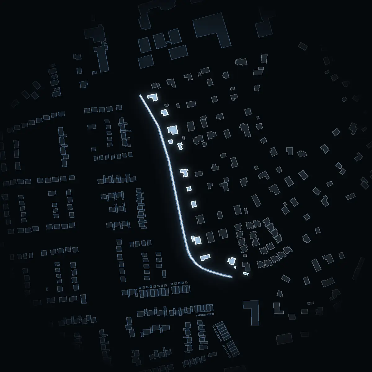 The street at night: Gamla Täbyvägen drawn in white, its buildings lit in the colour of their area’s income