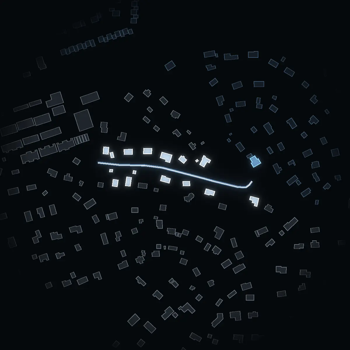 The street at night: Genvägen drawn in white, its buildings lit in the colour of their area’s income