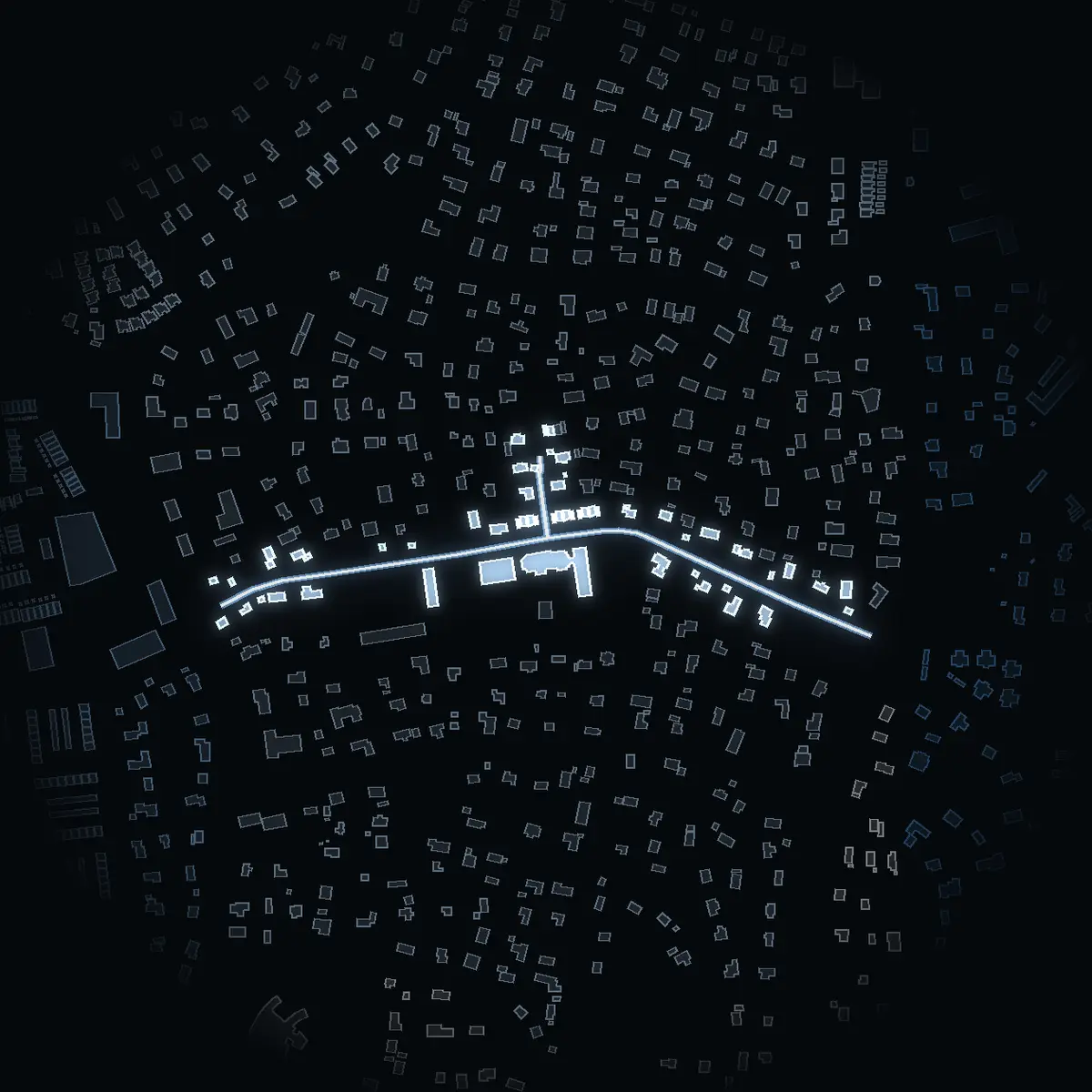 The street at night: Gethagsvägen drawn in white, its buildings lit in the colour of their area’s income