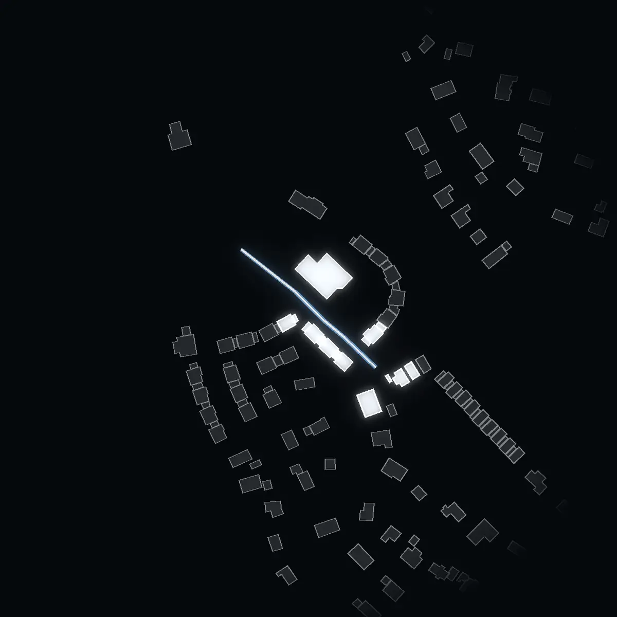 The street at night: Granitvägen drawn in white, its buildings lit in the colour of their area’s income