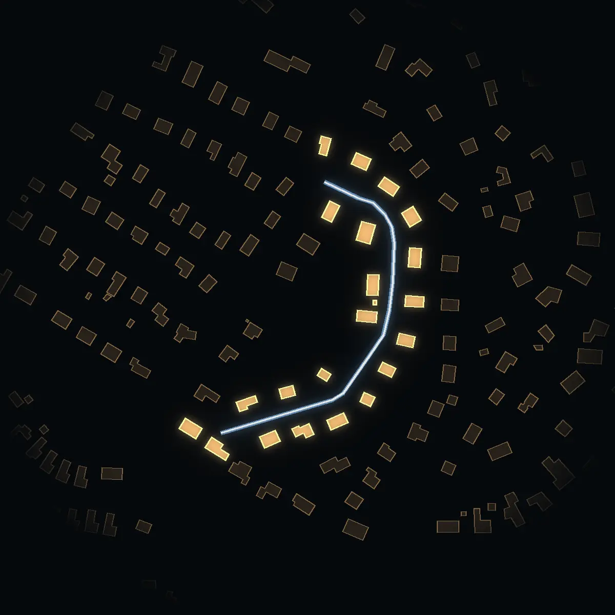 The street at night: Hjortstigen drawn in white, its buildings lit in the colour of their area’s income