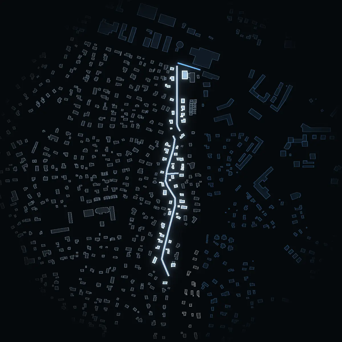 The street at night: Höglidsvägen drawn in white, its buildings lit in the colour of their area’s income
