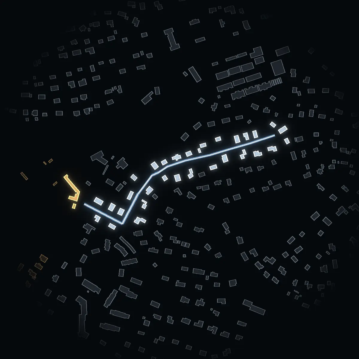 The street at night: Källvägen drawn in white, its buildings lit in the colour of their area’s income