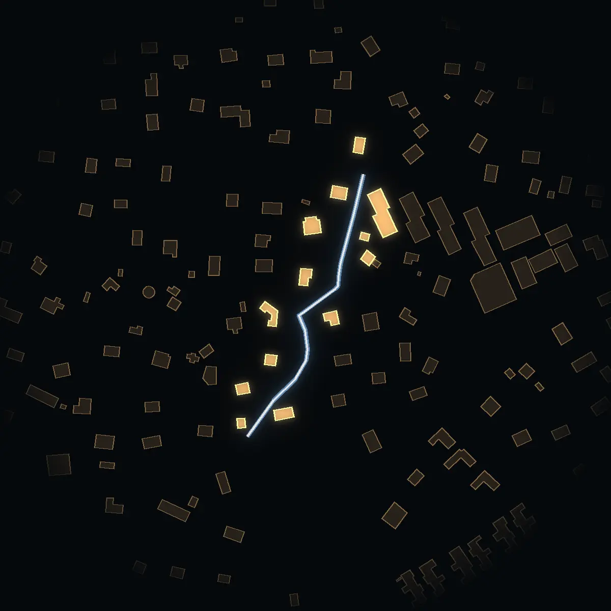 The street at night: Kaptensbacken drawn in white, its buildings lit in the colour of their area’s income