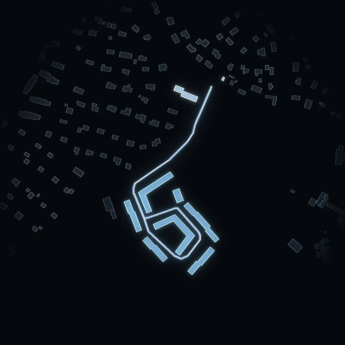 The street at night: Kevingeringen drawn in white, its buildings lit in the colour of their area’s income
