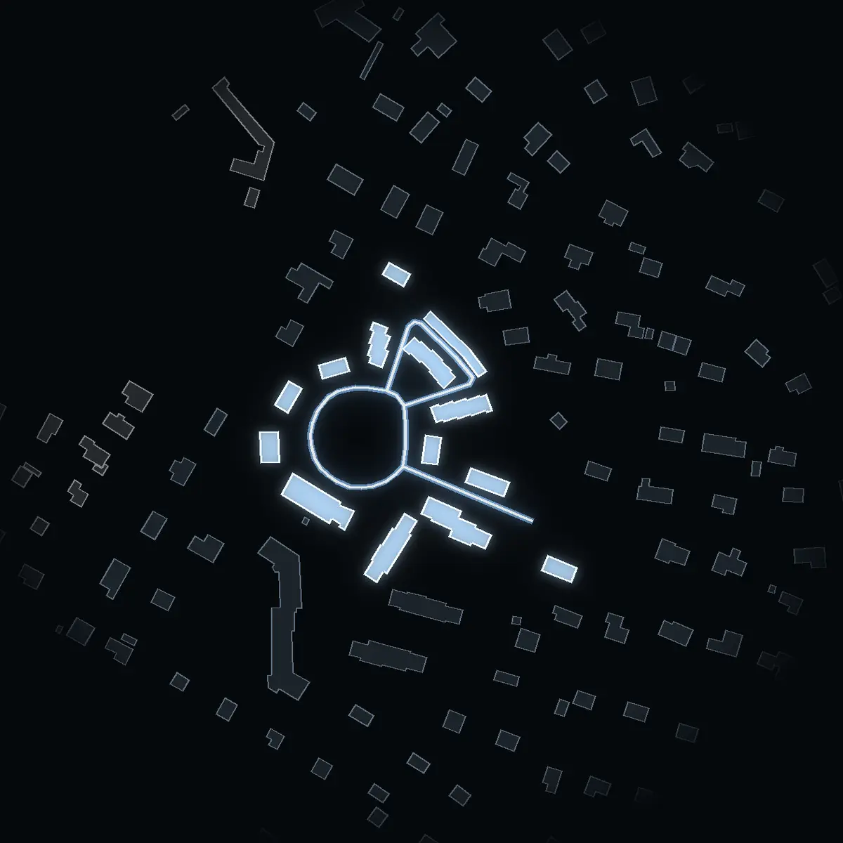 The street at night: Klingsta gård drawn in white, its buildings lit in the colour of their area’s income
