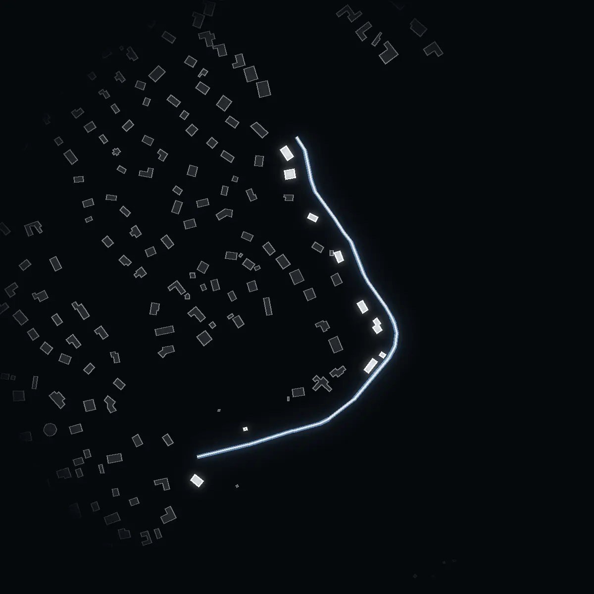 The street at night: Långängsstrand drawn in white, its buildings lit in the colour of their area’s income