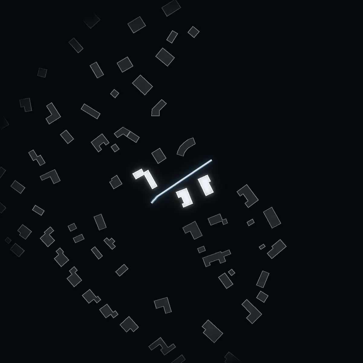 The street at night: Langenskiölds väg drawn in white, its buildings lit in the colour of their area’s income