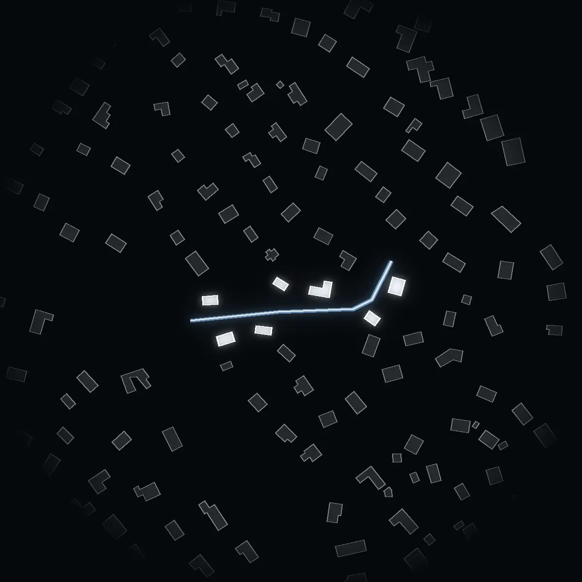 The street at night: Lilltäktvägen drawn in white, its buildings lit in the colour of their area’s income