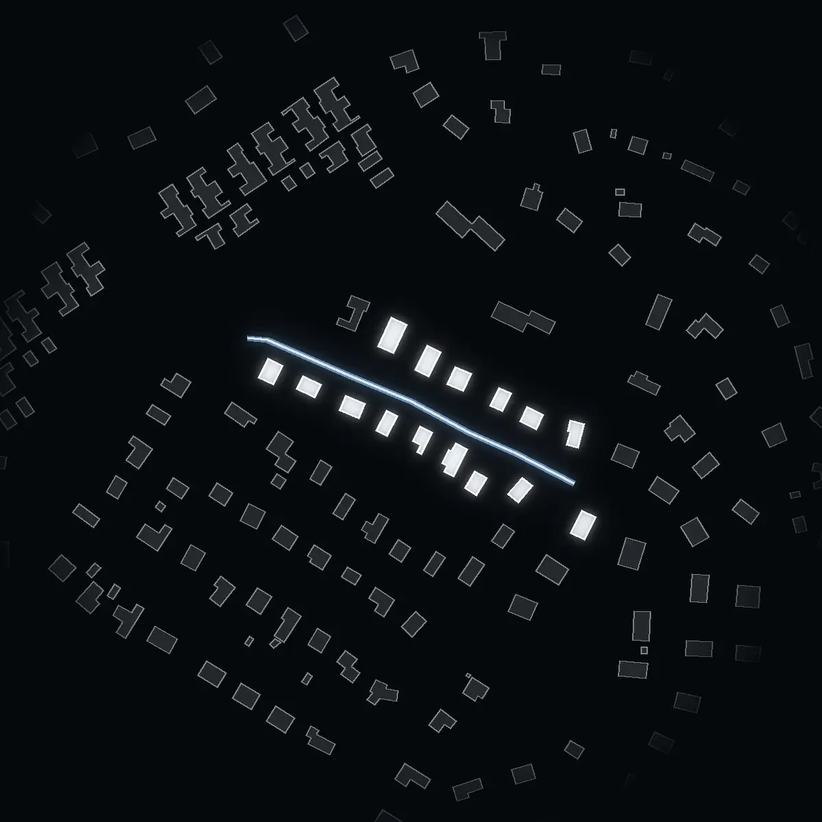The street at night: Ljungvägen drawn in white, its buildings lit in the colour of their area’s income