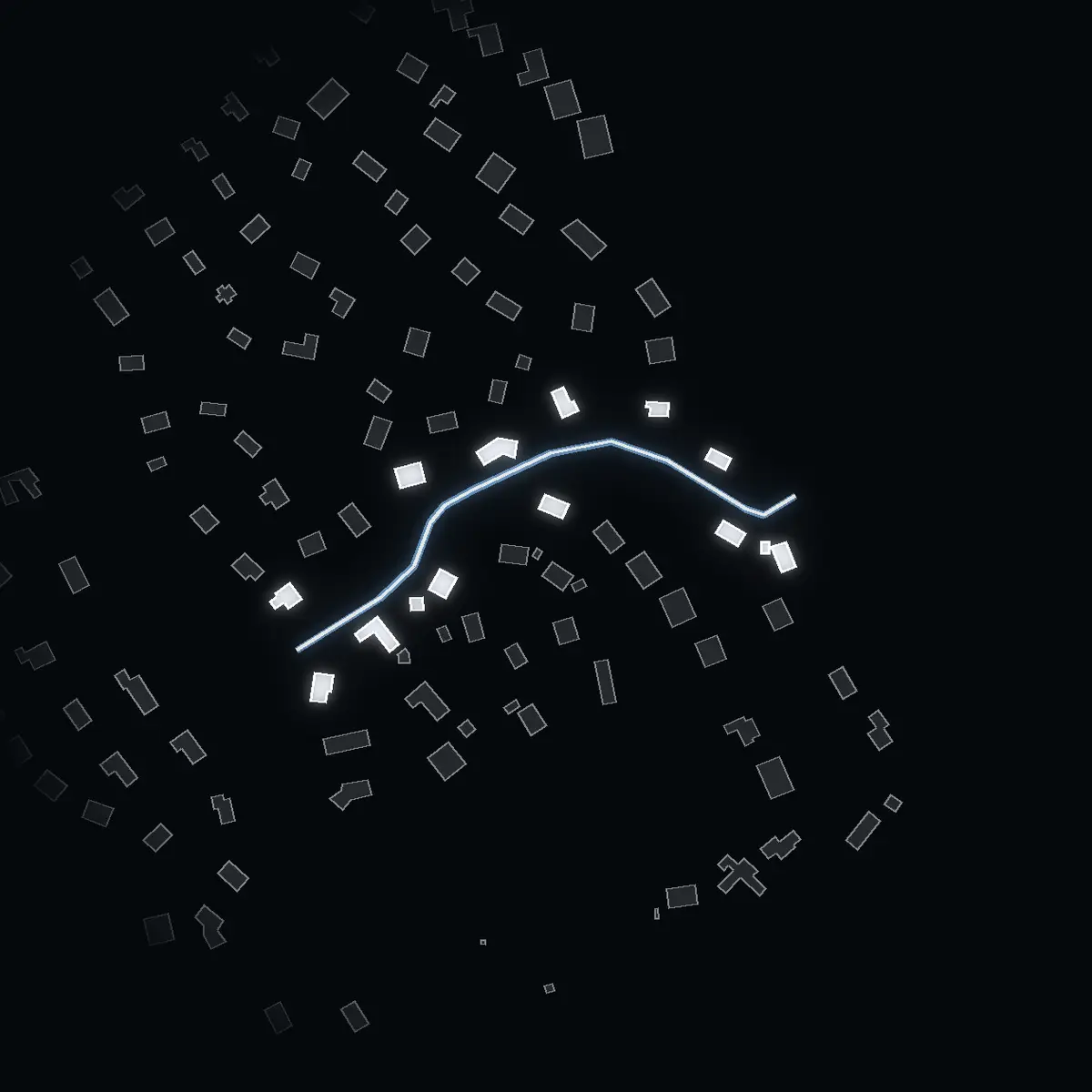 The street at night: Lövnäsvägen drawn in white, its buildings lit in the colour of their area’s income