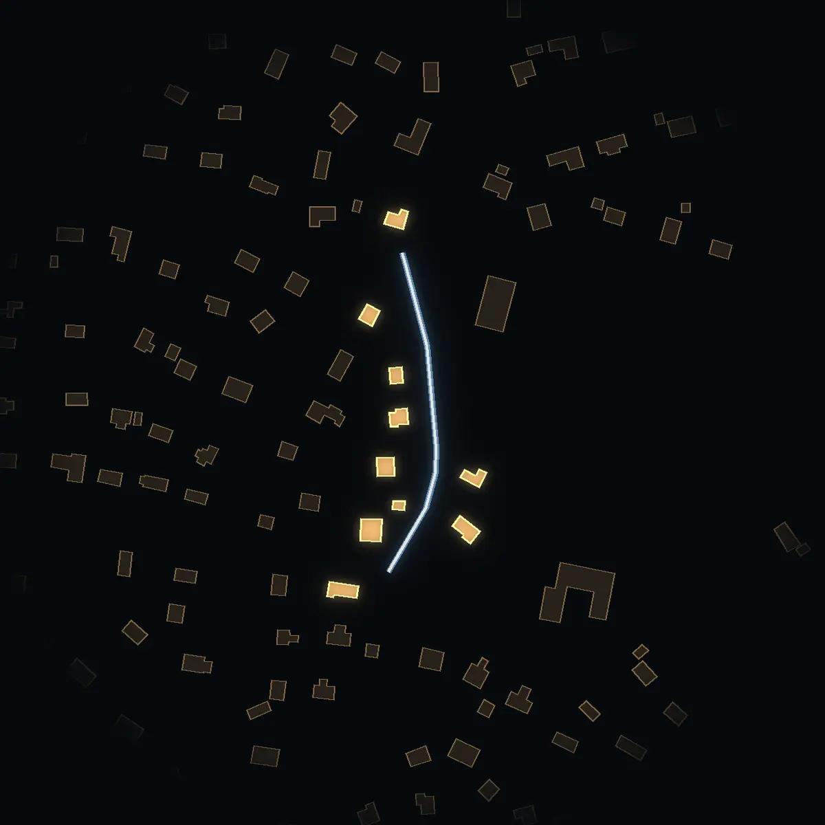 The street at night: Majstigen drawn in white, its buildings lit in the colour of their area’s income