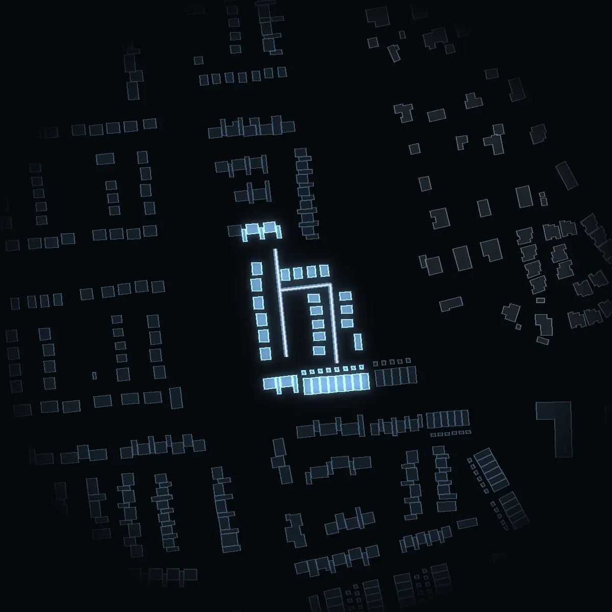 The street at night: Mejramgränd drawn in white, its buildings lit in the colour of their area’s income