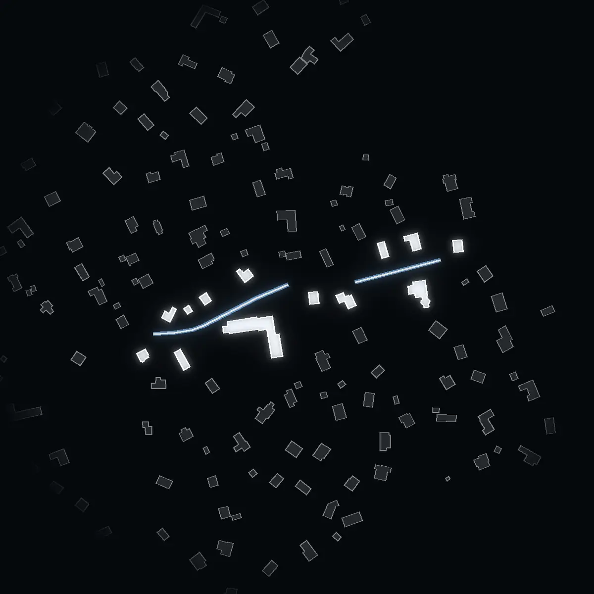 The street at night: Nornornas väg drawn in white, its buildings lit in the colour of their area’s income