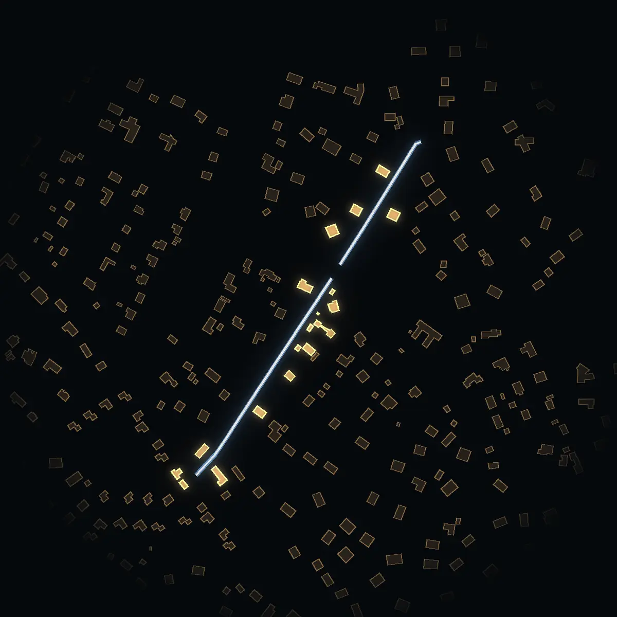 The street at night: Odinvägen drawn in white, its buildings lit in the colour of their area’s income
