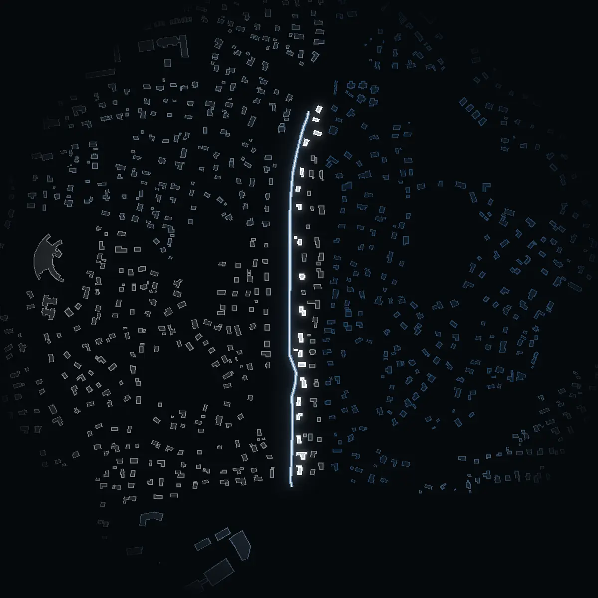 The street at night: Östra Banvägen drawn in white, its buildings lit in the colour of their area’s income