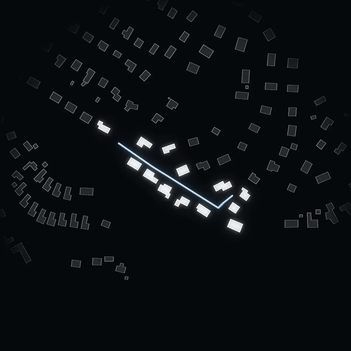 The street at night: Rådjursvägen drawn in white, its buildings lit in the colour of their area’s income