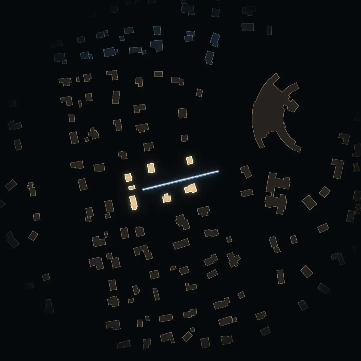 The street at night: Singövägen drawn in white, its buildings lit in the colour of their area’s income